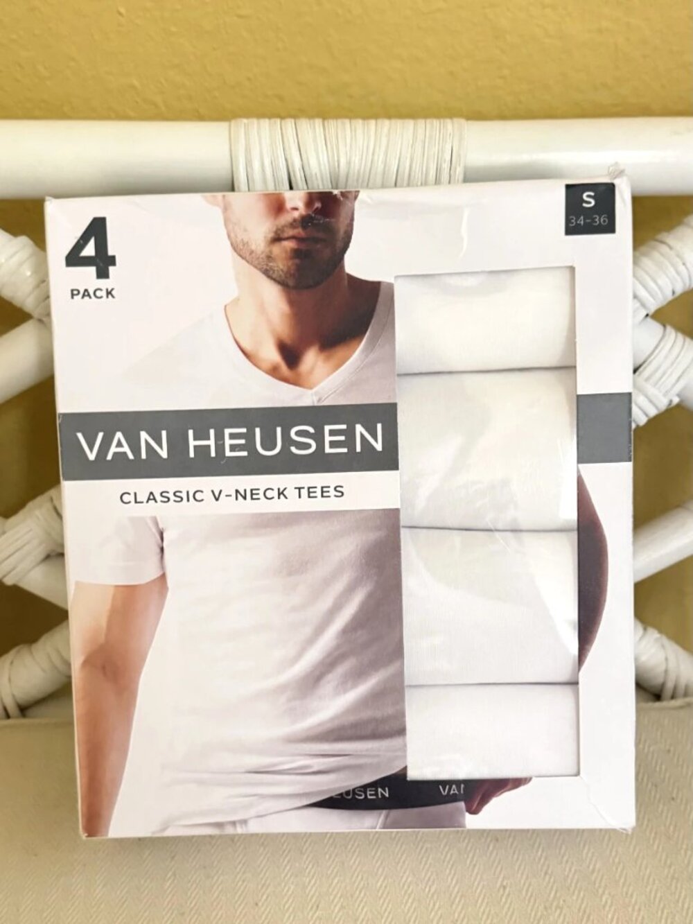 Van Heusen Men's Classic V-Neck Tees White Undershirts 4-Pack Small NIB